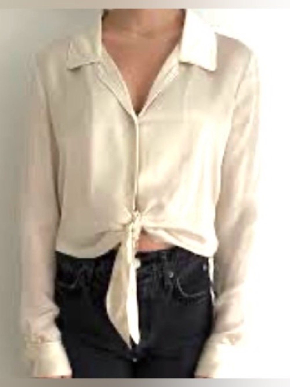 Wilfred Peaufiner Women's Satin Cream Tie-Front Button Collared Top size M